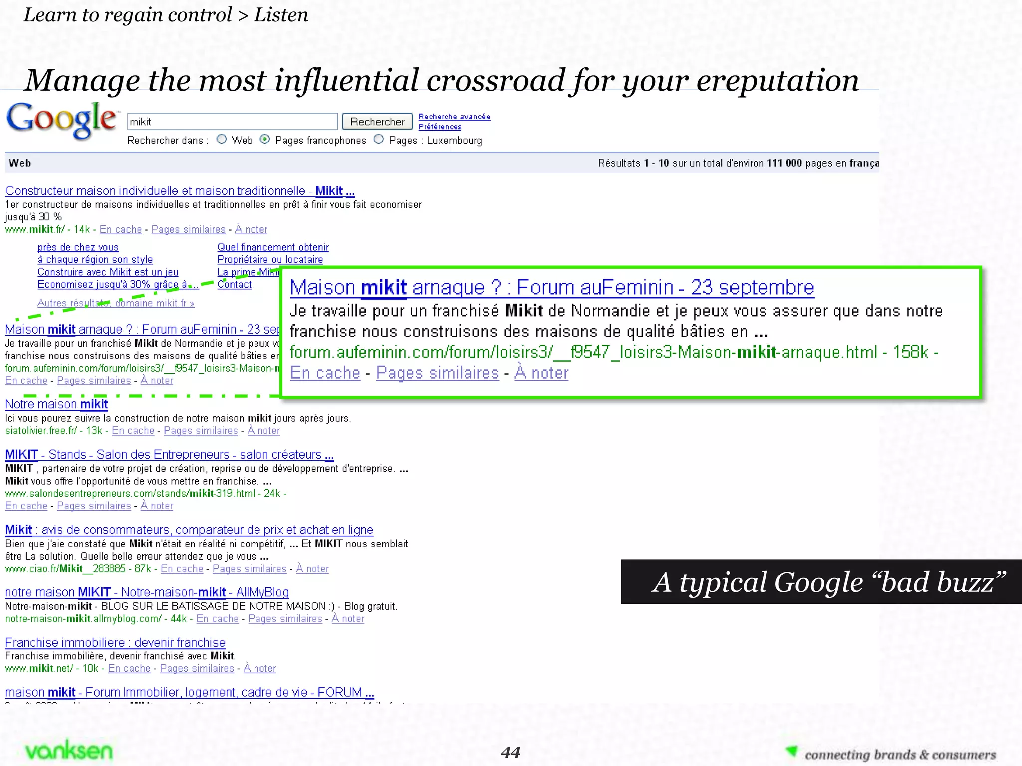Learn to regain control > Listen


Manage the most influential crossroad for your ereputation




                                           A typical Google “bad buzz”




                                    44
                                   44
 