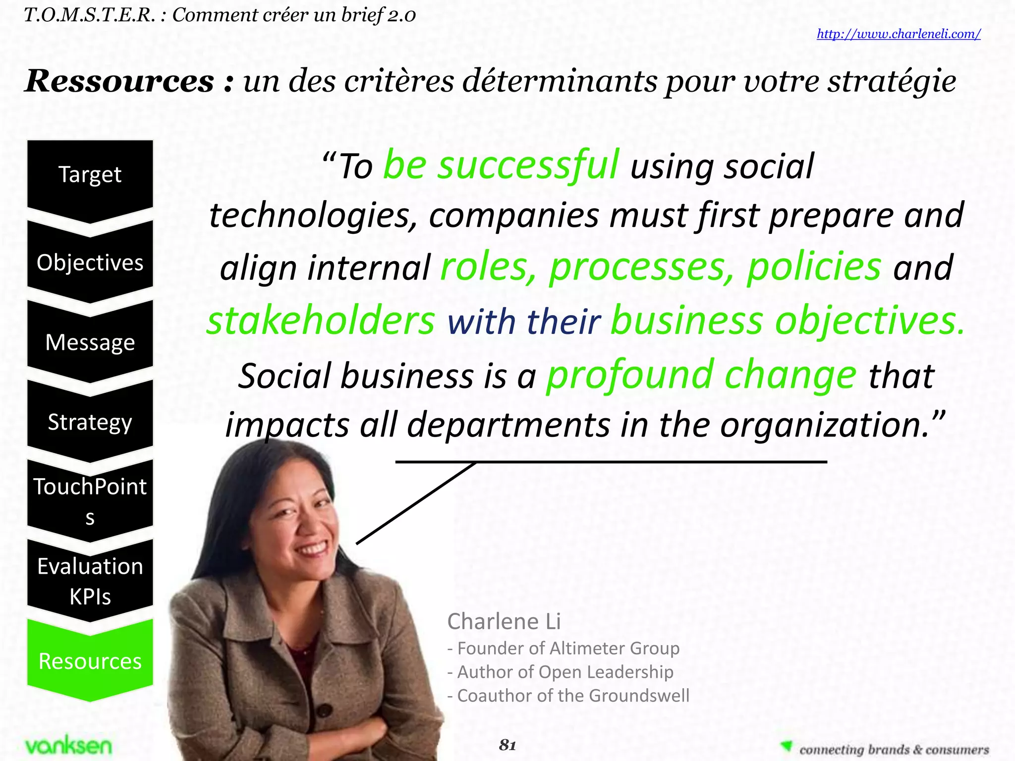 T.O.M.S.T.E.R. : Comment créer un brief 2.0
                                                                              http://www.charleneli.com/



Ressources : un des critères déterminants pour votre stratégie

   Target                   “To be successful using social
                    technologies, companies must first prepare and
 Objectives          align internal roles, processes, policies and
  Message
                    stakeholders with their business objectives.
                      Social business is a profound change that
  Strategy           impacts all departments in the organization.”
 TouchPoint
     s
 Evaluation
    KPIs
                                              Charlene Li
                                              - Founder of Altimeter Group
 Resources                                    - Author of Open Leadership
                                              - Coauthor of the Groundswell

                                                   81
                                                  81
 