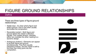 FIGURE GROUND RELATIONSHIPS
There are three types of figure-ground
relationships:
• Stable (top) - It’s clear what’s figure and
what’s ground. One or the other usually
dominates the composition.
• Reversible (center) - Both figure and
ground attract the viewer’s attention
equally. This creates tension, whereby
either can overtake the other, leading to a
dynamic design.
• Ambiguous (bottom) - Elements can appear
to be both figure and ground
simultaneously. They form equally
interesting shapes, and the viewer is left to
find their own entry point into the
composition.
Define
15
 