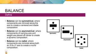 BALANCE
• Balance can be symmetrical, where
components are mirrored along the
axis to create a centered and stable
composition
• Balance can be asymmetrical, where
components of carrying size and
weight are placed off center to create
a dynamic composition.
• Balance can be radial, where
components are mirrored along both
an X & a Y axis to create a round
composition.
Define
20
 