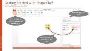Getting Started with ShapeChef
ShapeChefIntroduction
1
Add your first shape to the slide
Click to show or
hide the ShapeChef
Shapes pane.
ShapeChef Shapes
pane
Select a shape and
drag it onto the
slide.
 