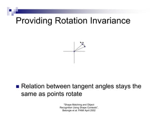 Providing Rotation Invariance




   Relation between tangent angles stays the
    same as points rotate
                    "Shape Matching and Object
                 Recognition Using Shape Contexts",
                   Belongie et al. PAMI April 2002
 