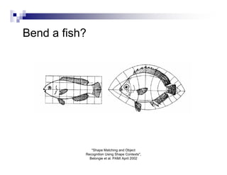 Bend a fish?




              "Shape Matching and Object
           Recognition Using Shape Contexts",
             Belongie et al. PAMI April 2002
 