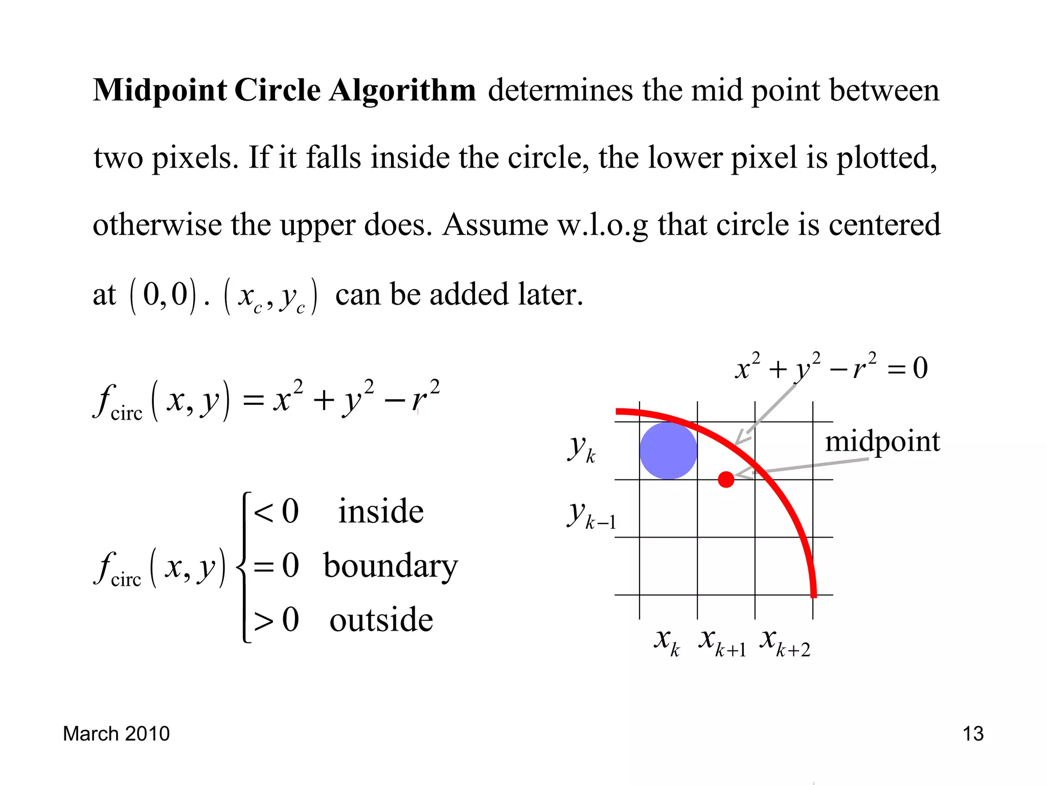 March 2010 13
( )
determines the mid point between
two pixels. If it falls inside the circle, the lower pixel is plotted,
otherwise the upper does. Assume w.l.o.g that circle is centered
at 0,0 .
Midpoint Circle Algorithm
( ), can be added later.c cx y
( ) 2 2 2
circ ,f x y x y r= + −
( )circ
0 inside
, 0 boundary
0 outside
f x y
<

=
>
ky
1ky −
2kx +1kx +kx
midpoint
2 2 2
0x y r+ − =
 