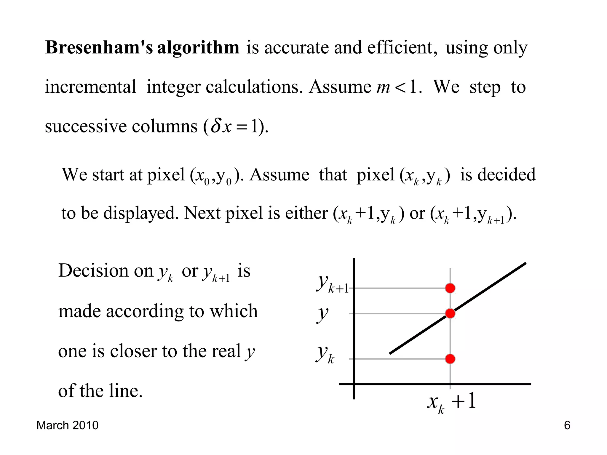March 2010 6
is accurate and efficient, using only
incremental integer calculations. Assume 1. We step to
successive columns ( 1).
m
xδ
<
=
Bresenham's algorithm
0 0
1
We start at pixel ( ,y ). Assume that pixel ( ,y ) is decided
to be displayed. Next pixel is either ( +1,y ) or ( +1,y ).
k k
k k k k
x x
x x +
1Decision on or is
made according to which
one is closer to the real
of the line.
k ky y
y
+
ky
y
1ky +
1kx +
 
