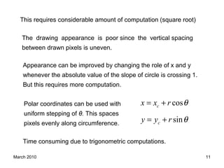 March 2010 11
This requires considerable amount of computation (square root)
The drawing appearance is poor since the vertical spacing
between drawn pixels is uneven.
Appearance can be improved by changing the role of x and y
whenever the absolute value of the slope of circle is crossing 1.
But this requires more computation.
Polar coordinates can be used with
uniform stepping of θ. This spaces
pixels evenly along circumference.
cos
sin
c
c
x x r
y y r
θ
θ
= +
= +
Time consuming due to trigonometric computations.
 