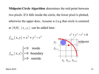March 2010 13
( )
determines the mid point between
two pixels. If it falls inside the circle, the lower pixel is plotted,
otherwise the upper does. Assume w.l.o.g that circle is centered
at 0,0 .
Midpoint Circle Algorithm
( ), can be added later.c cx y
( ) 2 2 2
circ ,f x y x y r= + −
( )circ
0 inside
, 0 boundary
0 outside
f x y
<

=
>
ky
1ky −
2kx +1kx +kx
midpoint
2 2 2
0x y r+ − =
 