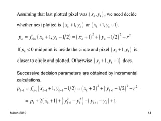 March 2010 14
Successive decision parameters are obtained by incremental
calculations.
( ) ( ) ( )
2 2 2
circ 1, 1 2 1 1 2k k k k kp f x y x y r= + − = + + − −
( )
( ) ( )
Assuming that last plotted pixel was , , we need decide
whether next plotted is 1, or 1, 1 .
k k
k k k k
x y
x y x y+ + −
( )
( )
If 0 midpoint is inside the circle and pixel 1, is
closer to circle and plotted. Otherwise 1, 1 does.
k k k
k k
p x y
x y
< +
+ −
( ) ( ) ( )
( ) ( ) ( )
2 2 2
1 circ 1 1 1
2 2
1 1
1, 1 2 2 1 2
2 1 1
k k k k k
k k k k k k
p f x y x y r
p x y y y y
+ + + +
+ +
= + − = + + − −
= + + + − − − +
 