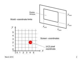March 2010 2
Display
Window
maxy
miny
minx
maxx
World –coordinate limits
y
x0
1
2
3
4
5
0 1 2 3 4 5
Screen –coordinates
(4,2) pixel
coordinate
 