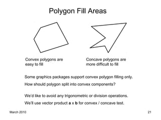 March 2010 21
Polygon Fill Areas
Convex polygons are
easy to fill
Concave polygons are
more difficult to fill
Some graphics packages support convex polygon filling only.
How should polygon split into convex components?
We’d like to avoid any trigonometric or division operations.
We’ll use vector product a x b for convex / concave test.
 
