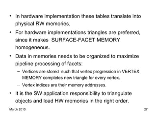 March 2010 27
• In hardware implementation these tables translate into
physical RW memories.
• For hardware implementations triangles are preferred,
since it makes SURFACE-FACET MEMORY
homogeneous.
• Data in memories needs to be organized to maximize
pipeline processing of facets:
– Vertices are stored such that vertex progression in VERTEX
MEMORY completes new triangle for every vertex.
– Vertex indices are their memory addresses.
• It is the SW application responsibility to triangulate
objects and load HW memories in the right order.
 
