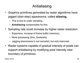 March 2010 36
Antialiasing
• Graphics primitives generated by raster algorithms have
jagged (stair-step) appearance, called aliasing.
– This is due to under sampling.
– Antialiasing compensates for this.
• Sampling rate could increase by higher raster resolution.
– Expensive, increase of frame buffer (memory).
– More processing (time, hardware).
– Jagging phenomena is not canceled, but only improved.
• Raster systems capable of gradual intensity of pixels can
support antialiasing by modifying pixel intensity near
boundary of primitives.
 