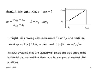 March 2010 4
straight line equation: y mx b= +
0x
0y
endx
endy
end 0
0 0
end 0
;
y y
m b y mx
x x
−
= = −
−
Straight line drawing uses increments or and finds the
counterpart. If | | 1 , and if | | 1 .
x y
m y m x m x y m
δ δ
δ δ δ δ≤ = > =
In raster systems lines are plotted with pixels and step sizes in the
horizontal and vertical directions must be sampled at nearest pixel
positions.
 