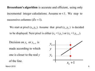 March 2010 6
is accurate and efficient, using only
incremental integer calculations. Assume 1. We step to
successive columns ( 1).
m
xδ
<
=
Bresenham's algorithm
0 0
1
We start at pixel ( ,y ). Assume that pixel ( ,y ) is decided
to be displayed. Next pixel is either ( +1,y ) or ( +1,y ).
k k
k k k k
x x
x x +
1Decision on or is
made according to which
one is closer to the real
of the line.
k ky y
y
+
ky
y
1ky +
1kx +
 