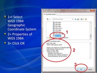 1=I Select
WGS 1984
Geographic
Coordinate System
2= Properties of
WGS 1984
3= Click OK
 