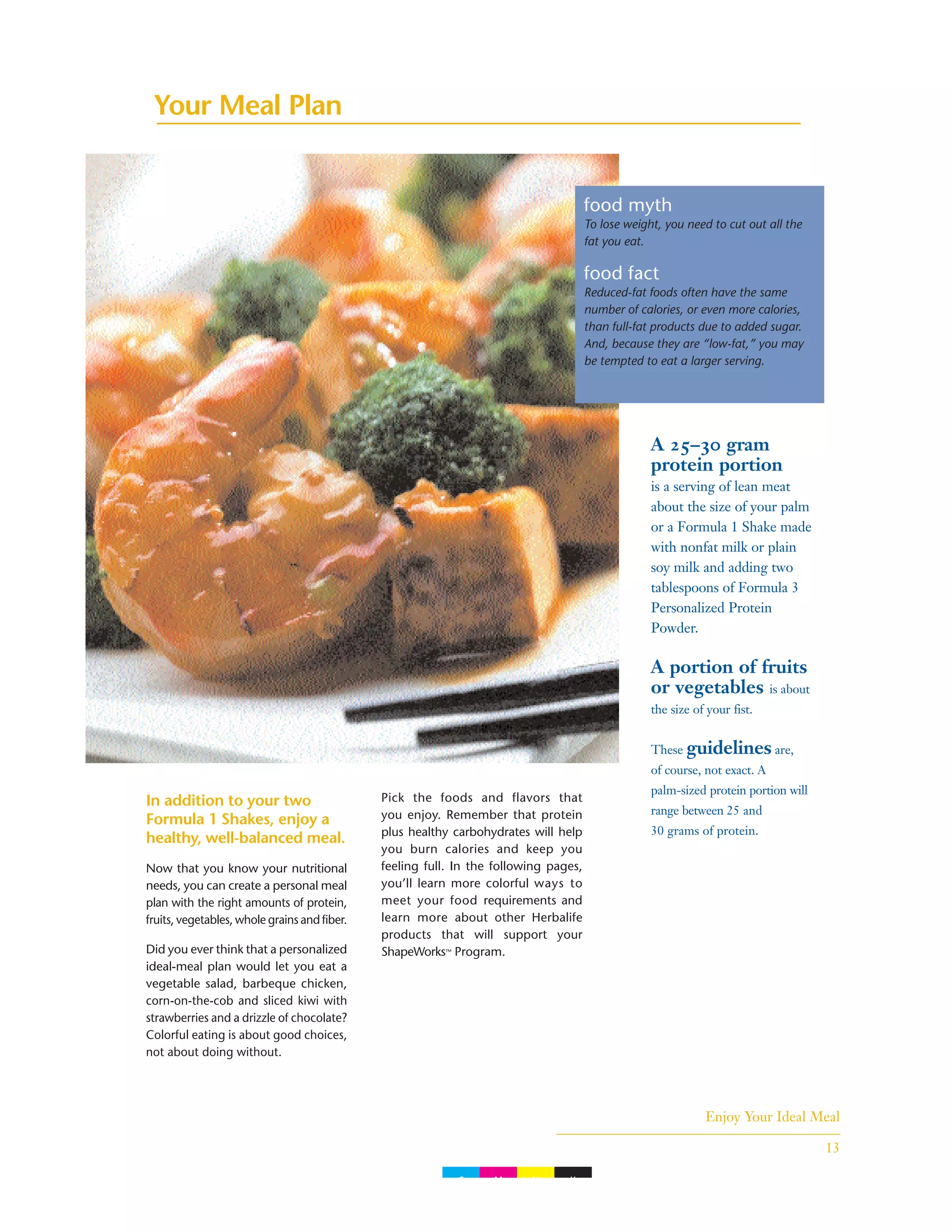 Enjoy Your Ideal Meal
13
In addition to your two
Formula 1 Shakes, enjoy a
healthy, well-balanced meal.
Now that you know your nutritional
needs, you can create a personal meal
plan with the right amounts of protein,
fruits, vegetables, whole grains and fiber.
Did you ever think that a personalized
ideal-meal plan would let you eat a
vegetable salad, barbeque chicken,
corn-on-the-cob and sliced kiwi with
strawberries and a drizzle of chocolate?
Colorful eating is about good choices,
not about doing without.
Pick the foods and flavors that
you enjoy. Remember that protein
plus healthy carbohydrates will help
you burn calories and keep you
feeling full. In the following pages,
you’ll learn more colorful ways to
meet your food requirements and
learn more about other Herbalife
products that will support your
ShapeWorks™ Program.
A 25–30 gram
protein portion
is a serving of lean meat
about the size of your palm
or a Formula 1 Shake made
with nonfat milk or plain
soy milk and adding two
tablespoons of Formula 3
Personalized Protein
Powder.
A portion of fruits
or vegetables is about
the size of your fist.
These guidelines are,
of course, not exact. A
palm-sized protein portion will
range between 25 and
30 grams of protein.
Your Meal Plan
food myth
To lose weight, you need to cut out all the
fat you eat.
food fact
Reduced-fat foods often have the same
number of calories, or even more calories,
than full-fat products due to added sugar.
And, because they are “low-fat,” you may
be tempted to eat a larger serving.
C M Y K
 