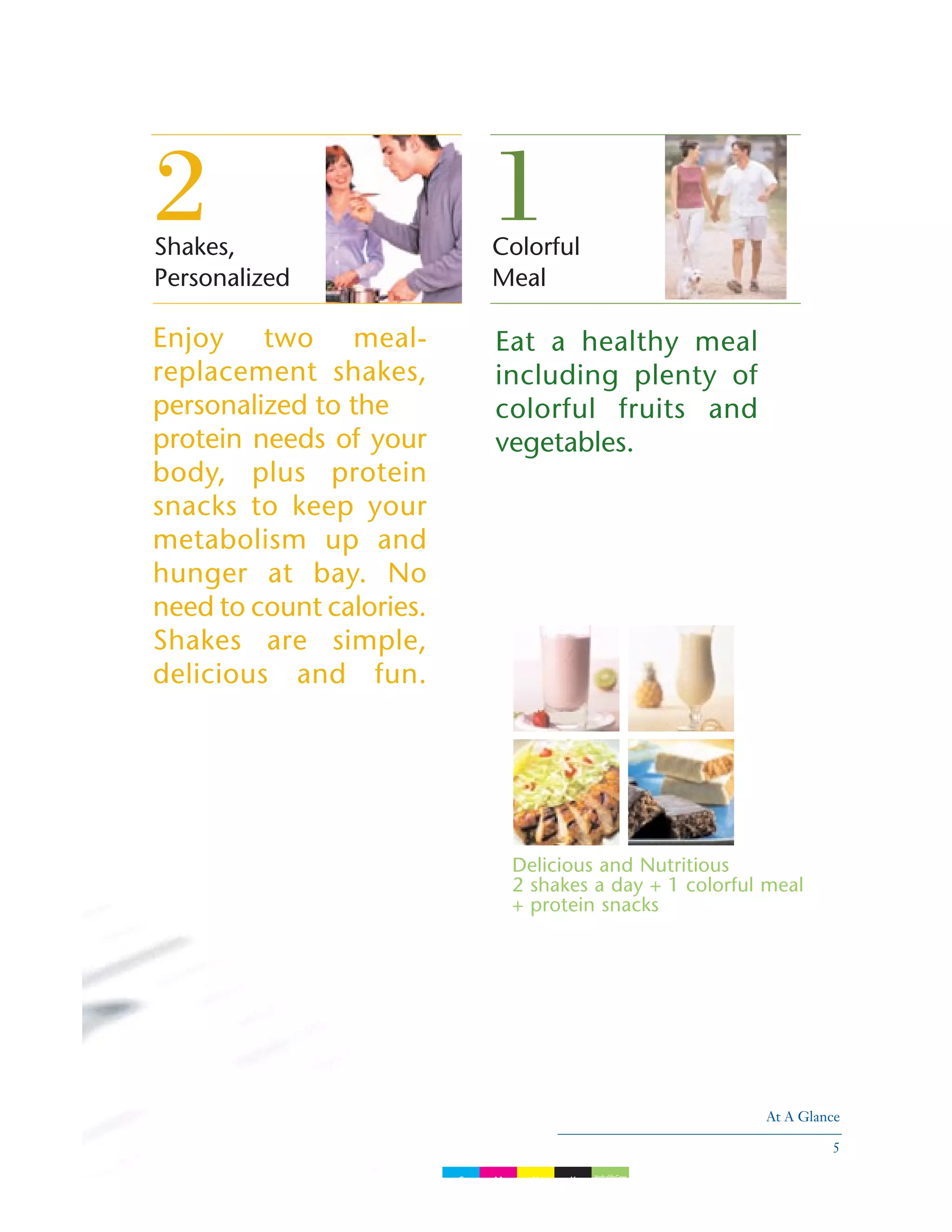 Shakes,
Personalized
Colorful
Meal
Enjoy two meal-
replacement shakes,
personalized to the
protein needs of your
body, plus protein
snacks to keep your
metabolism up and
hunger at bay. No
need to count calories.
Shakes are simple,
delicious and fun.
2 1
Eat a healthy meal
including plenty of
colorful fruits and
vegetables.
Delicious and Nutritious
2 shakes a day + 1 colorful meal
+ protein snacks
At A Glance
5
C M Y K HerbalifeGree
 