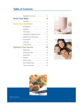ShapeWorks™ at a Glance . . . . . . . . . . . . . . . . . . 4
Know Your Body 6
Your Shape . . . . . . . . . . . . . . . . . . . . . . . . . . . . . 7
Enjoy Your Ideal Meal 8
Personalization . . . . . . . . . . . . . . . . . . . . . . . . . . 9
Ideal Meal . . . . . . . . . . . . . . . . . . . . . . . . . . . . . 10
Protein Snacks . . . . . . . . . . . . . . . . . . . . . . . . . . 10
Carbohydrates: A Rainbow of Foods. . . . . . . . . . 11
Making Sense of Carbohydrates . . . . . . . . . . . . . 12
Your Meal Plan . . . . . . . . . . . . . . . . . . . . . . . . . 13
Food Charts. . . . . . . . . . . . . . . . . . . . . . . . . . . . 14
7-Day Meal Plan . . . . . . . . . . . . . . . . . . . . . . . . 16
Optimize Your Success 18
Trigger Foods . . . . . . . . . . . . . . . . . . . . . . . . . . 19
Overcoming Hurdles . . . . . . . . . . . . . . . . . . . . . 20
Personal Vision. . . . . . . . . . . . . . . . . . . . . . . . . . 21
Shape Up . . . . . . . . . . . . . . . . . . . . . . . . . . . . . 22
Tools for Success . . . . . . . . . . . . . . . . . . . . . . . . 23
Tips for Healthy Living . . . . . . . . . . . . . . . . . . . . 24
“We Lost 116 Pounds.” . . . . . . . . . . . . . . . . . . . 26
Table of Contents
Table of Contents
2
 