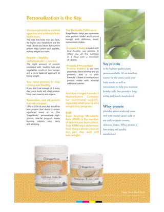 Increase protein to control
appetite and maintain lean
body mass.
The more lean body mass you have,
the higher your metabolism and the
more calories you’ll burn. Eating more
protein helps control your appetite,
making weight loss easier.
Protein + healthy
carbohydrates = success.
The right amount of protein
combined with healthy fruits and
vegetables results in less hunger
and a more balanced approach to
losing weight.
You need protein to stay
strong and healthy.
If you don’t eat enough of it every
day, your body will steal protein
from your muscles and organs.
Remember, not all protein
is created equal.
15% to 35% of your diet should be
lean protein that doesn’t contain
significant levels of fat. The
ShapeWorks™
personalized high-
protein, low-fat program makes
burning calories easy, tasty
and satisfying.
The Herbalife Difference
ShapeWorks™ helps you customize
your protein intake and control
hunger with delicious, meal-
replacement shakes.
• Formula 1 Shake is loaded with
heart-healthy soy protein. It
offers you all the nutrition
of a meal with a minimum
of calories.
• Formula 3 Personalized
Protein Powder is our own
proprietary blend of whey and soy
proteins. Add it to your
Formula 1 Shake to increase your
protein intake with minimal
additional calories.
Soy protein
is the highest-quality plant
protein available. It’s an excellent
source for the amino acids your
body needs, as well as
antioxidants to help you maintain
healthy cells. Soy protein is long-
acting and slowly metabolized.
Whey protein
provides amino acids and mixes
well with nonfat (skim) milk or
soy milk to create creamy,
delicious shakes. Whey protein is
fast-acting and quickly
metabolized.
Enjoy Your Ideal Meal
9
Personalization is the Key
And don’t forget Formula 2
Multivitamin Complex
for nutritional support,
especially when you’re on a
weight-loss program.
RMR
Your Resting Metabolic
Rate (RMR) is the number
of calories you burn at rest.
Your RMR helps determine
how many calories you can
eat per day and still
lose weight.
C M Y K
 