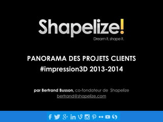 PANORAMA DES PROJETS CLIENTS
#impression3D 2013-2014
par Bertrand Busson, co-fondateur de Shapelize
bertrand@shapelize.com

 