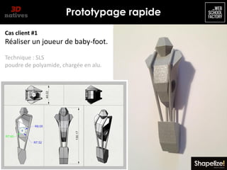 Prototypage rapide
Cas client #1

Réaliser un joueur de baby-foot.
Technique : SLS
poudre de polyamide, chargée en alu.

 