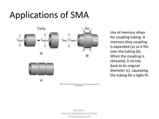 Applications of SMA
Use of memory alloys
for coupling tubing: A
memory alloy coupling
is expanded (a) so it fits
over the tubing (b).
When the coupling is
reheated, it shrinks
back to its original
diameter (c), squeezing
the tubing for a tight fit

WACHIRA J.
NDUNG'U/MEMS/MECHATRONIC
ENGINEERING/JKUAT

 