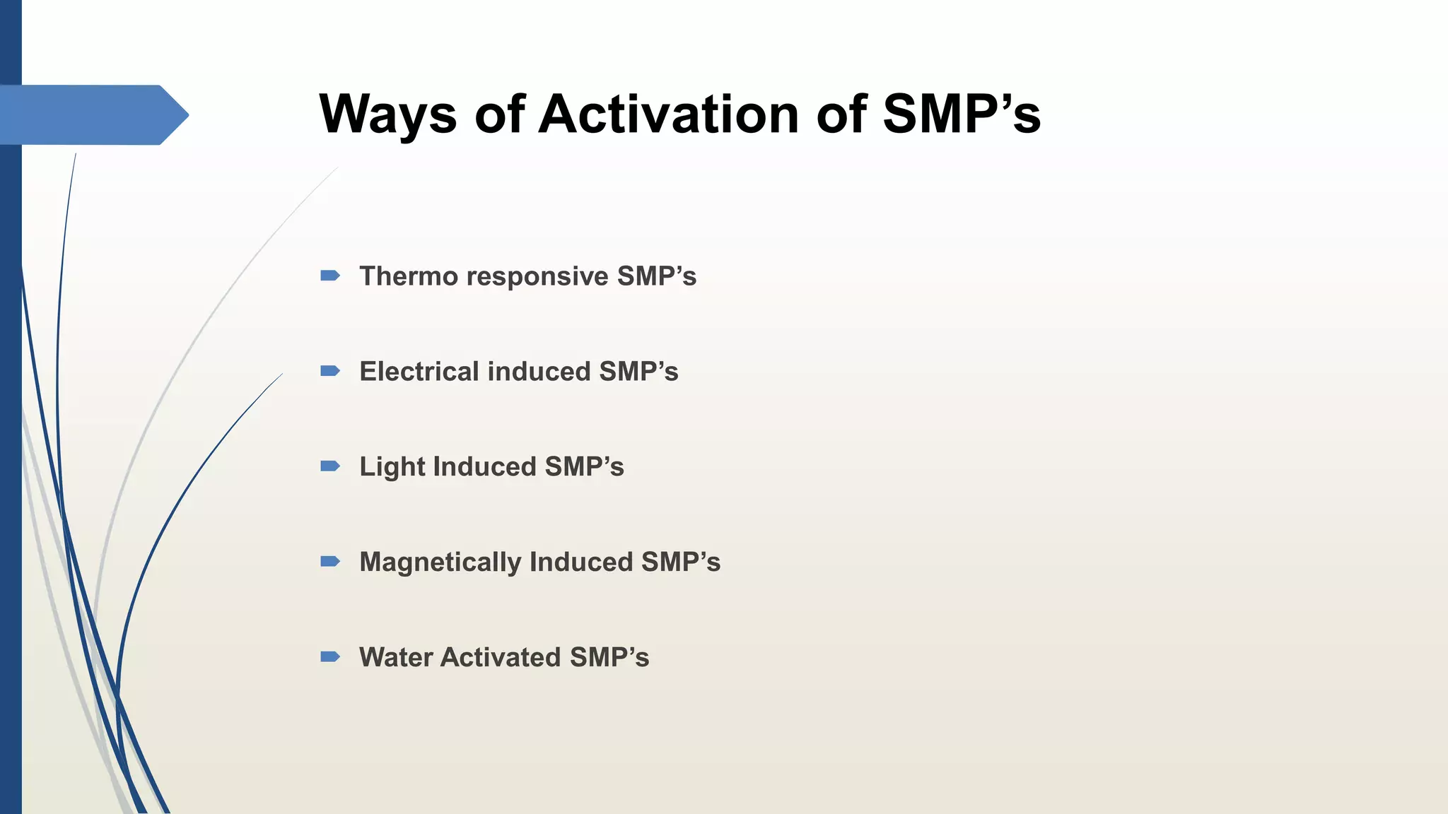 Ways of Activation of SMP’s
 Thermo responsive SMP’s
 Electrical induced SMP’s
 Light Induced SMP’s
 Magnetically Induced SMP’s
 Water Activated SMP’s
 