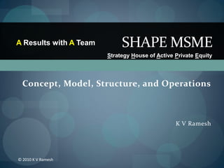 A Results with A Team        SHAPE MSME
                        Strategy House of Active Private Equity




  Concept, Model, Structure, and Operations



                                                 K V Ramesh




© 2010 K V Ramesh
 