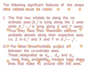 The  following  significant  features  of   the  shape  of  d  orbitals  must  be  noted:The  first  two  orbitals  lie  along  the  co-ordinate  axes (d z2 is  lying  along  the  Z  axes  while  d x2 – y2 is  lying  along  X  and  Y  axes).  Thus  they  have  their  maximum  electron  probable  density  along  their  respective  axes i.e.  Z  in d z2  and  X  and  Y  in  d x2 –  y2 . The  other  three  orbitals  project  in  between  the  co-ordinate  axes. These, designated  as  dxy  ,  dyz  and  dxz,  have  their   probability   maxima  lying  along  lines  that  make  45° around  with  the  axes.The  dx2 - y2  orbital  is  exactly  like  dxy  orbital  except  that  a  rotation  of  45° around  the  z-axis  gives  it  lobes  which  are  directed  along  the  axis.    