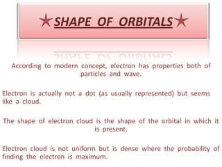 SHAPE  OF  ORBITALS According  to  modern  concept,  electron  has  properties  both  of  particles  and  wave. Electron  is  actually  not  a  dot  (as  usually  represented)  but  seems  like  a  cloud. The  shape  of  electron  cloud  is  the  shape  of  the  orbital  in  which  it  is  present. Electron  cloud  is  not  uniform  but  is  dense  where  the  probability  of  finding  the  electron  is  maximum. 