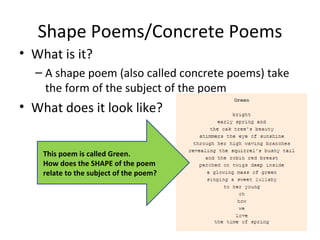 Shape Poems/Concrete Poems ,[object Object],[object Object],[object Object],This poem is called Green. How does the SHAPE of the poem relate to the subject of the poem? 