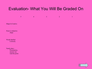 Evaluation- What You Will Be Graded On
                     5   4   3   2   1



Shape Is Creative



Poem is related to
    shape



Words Spelled
    Correctly



Neatly done –
     Presentation,
     anyone can
     read the poem
 