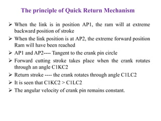 The principle of Quick Return Mechanism
 When the link is in position AP1, the ram will at extreme
backward position of stroke
 When the link position is at AP2, the extreme forward position
Ram will have been reached
 AP1 and AP2---- Tangent to the crank pin circle
 Forward cutting stroke takes place when the crank rotates
through an angle C1KC2
 Return stroke ---- the crank rotates through angle C1LC2
 It is seen that C1KC2 > C1LC2
 The angular velocity of crank pin remains constant.
 