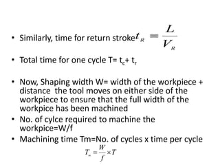 • Similarly, time for return stroke
• Total time for one cycle T= tc+ tr
• Now, Shaping width W= width of the workpiece +
distance the tool moves on either side of the
workpiece to ensure that the full width of the
workpice has been machined
• No. of cylce required to machine the
workpice=W/f
• Machining time Tm=No. of cycles x time per cycle
R
R
V
L
t 
T
f
W
Tm

 