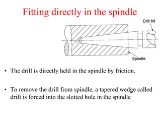 Fitting directly in the spindle
• The drill is directly held in the spindle by friction.
• To remove the drill from spindle, a tapered wedge called
drift is forced into the slotted hole in the spindle
 