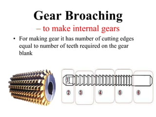 Gear Broaching
– to make internal gears
• For making gear it has number of cutting edges
equal to number of teeth required on the gear
blank
 