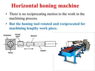 Horizontal honing machine
• There is no reciprocating motion to the work in the
machining process.
• But the honing tool rotated and reciprocated for
machining lengthy work piece.
 