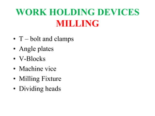 WORK HOLDING DEVICES
MILLING
• T – bolt and clamps
• Angle plates
• V-Blocks
• Machine vice
• Milling Fixture
• Dividing heads
 