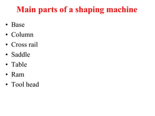 Main parts of a shaping machine
• Base
• Column
• Cross rail
• Saddle
• Table
• Ram
• Tool head
 