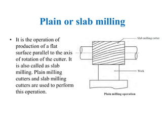 Plain or slab milling
• It is the operation of
production of a flat
surface parallel to the axis
of rotation of the cutter. It
is also called as slab
milling. Plain milling
cutters and slab milling
cutters are used to perform
this operation.
 
