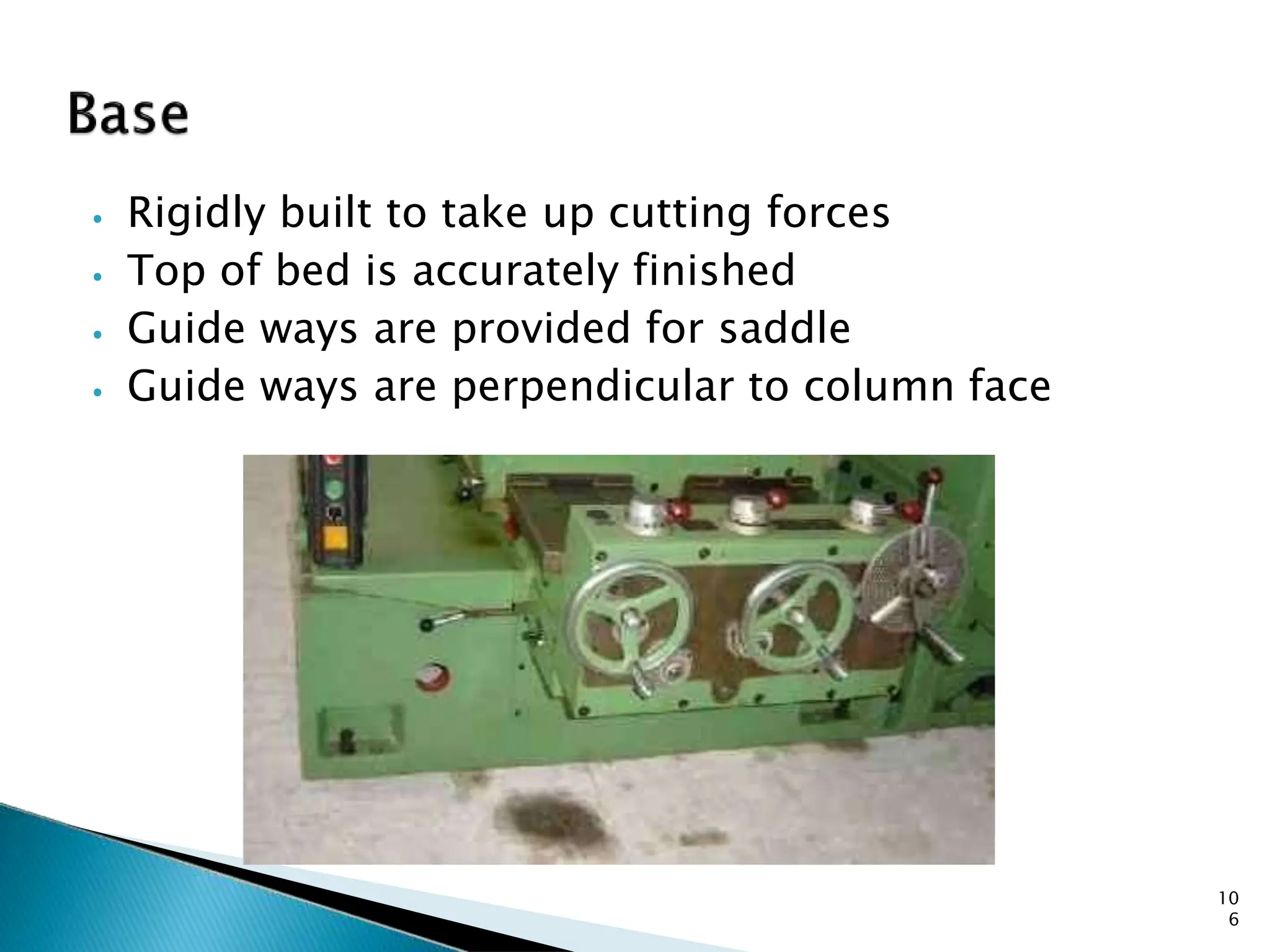 ⦁ Rigidly built to take up cutting forces
⦁ Top of bed is accurately finished
⦁ Guide ways are provided for saddle
⦁ Guide ways are perpendicular to column face
10
6
 