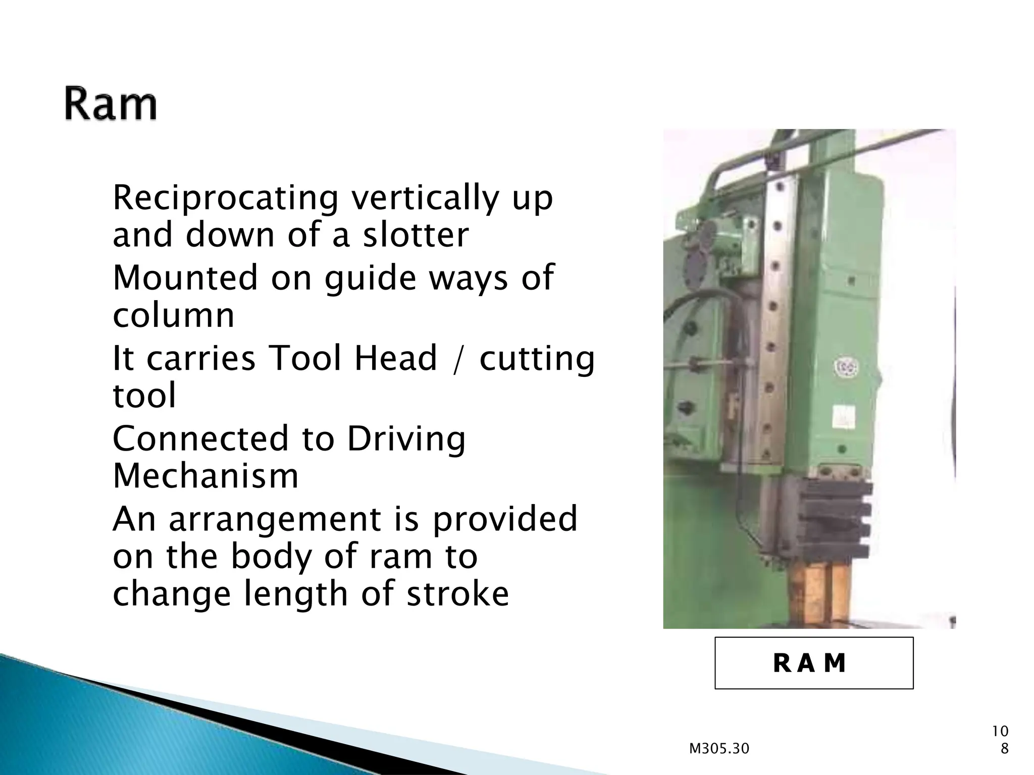 Reciprocating vertically up
and down of a slotter
Mounted on guide ways of
column
It carries Tool Head / cutting
tool
Connected to Driving
Mechanism
An arrangement is provided
on the body of ram to
change length of stroke
R A M
10
8
M305.30
 