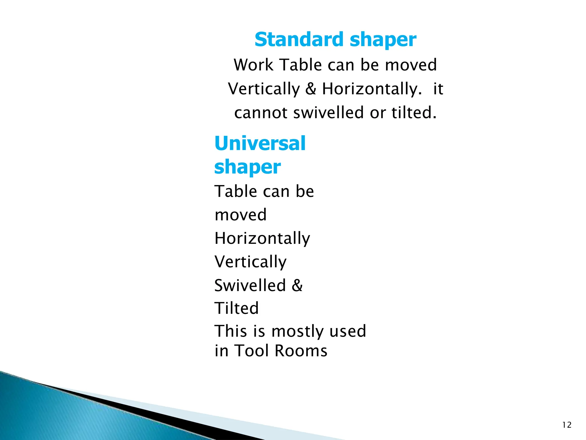 Standard shaper
Work Table can be moved
Vertically & Horizontally. it
cannot swivelled or tilted.
12
Universal
shaper
Table can be
moved
Horizontally
Vertically
Swivelled &
Tilted
This is mostly used
in Tool Rooms
 