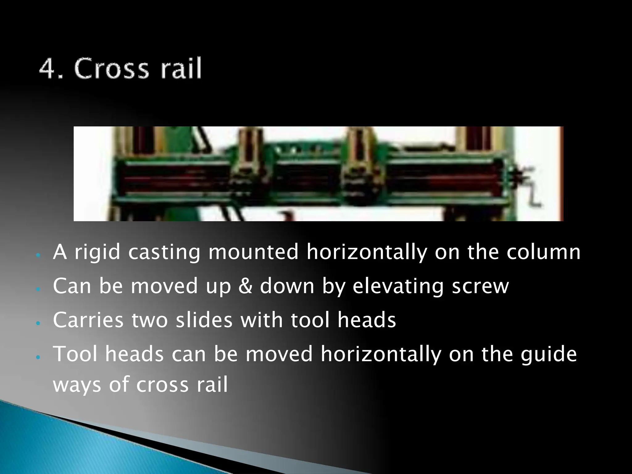 ⦁ A rigid casting mounted horizontally on the column
⦁ Can be moved up & down by elevating screw
⦁ Carries two slides with tool heads
⦁ Tool heads can be moved horizontally on the guide
ways of cross rail
163
 