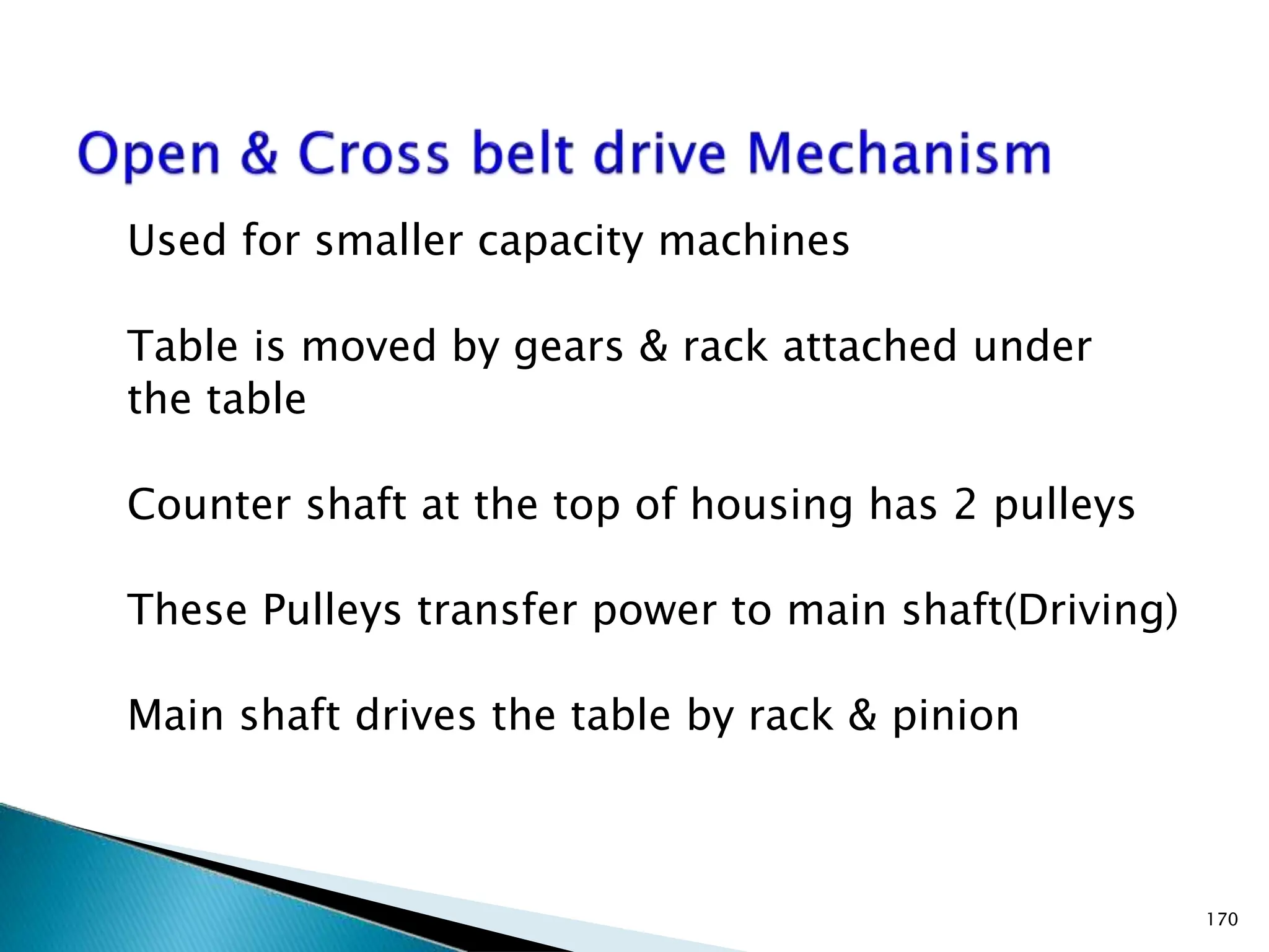 Used for smaller capacity machines
Table is moved by gears & rack attached under
the table
Counter shaft at the top of housing has 2 pulleys
These Pulleys transfer power to main shaft(Driving)
Main shaft drives the table by rack & pinion
170
 