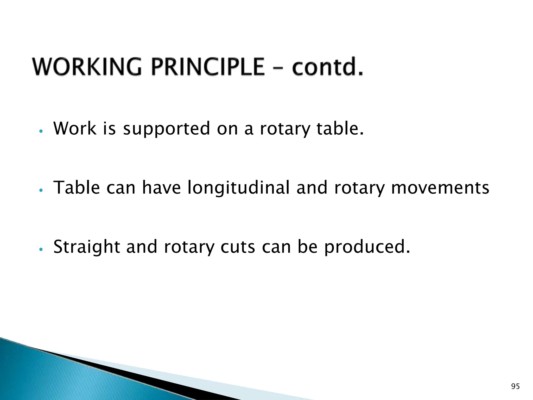 ⦁ Work is supported on a rotary table.
⦁ Table can have longitudinal and rotary movements
⦁ Straight and rotary cuts can be produced.
95
 