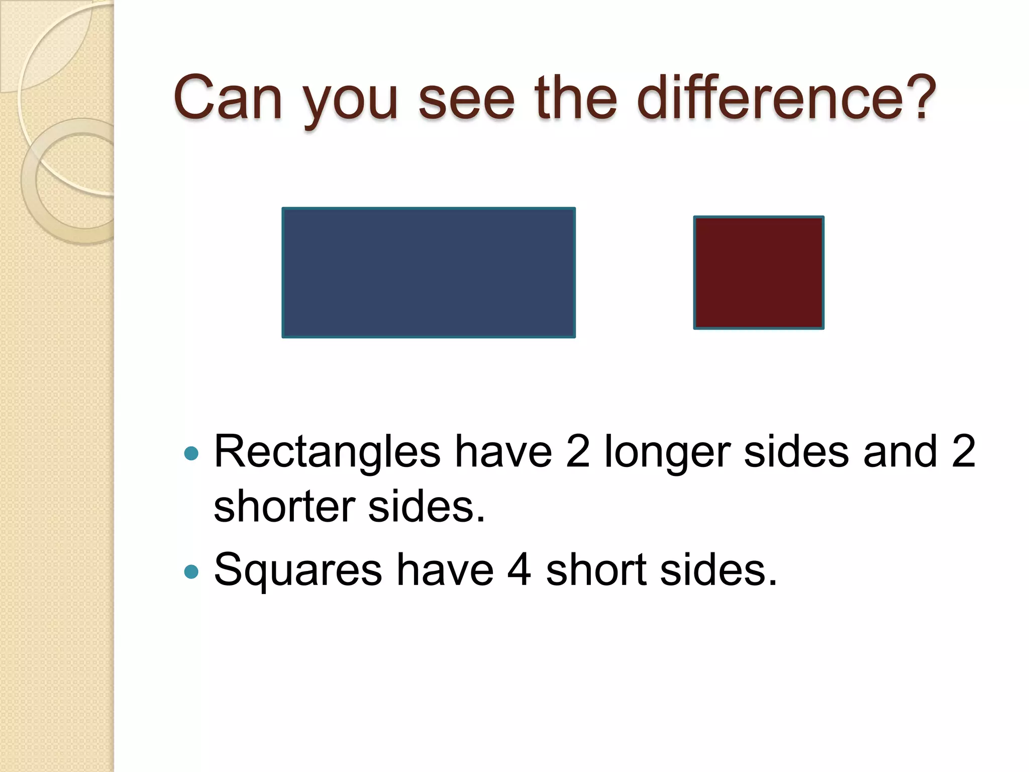 Can you see the difference?Rectangles have 2 longer sides and 2 shorter sides. Squares have 4 short sides.