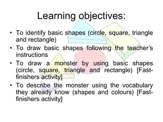 Learning objectives:
• To identify basic shapes (circle, square, triangle
and rectangle)
• To draw basic shapes following the teacher’s
instructions
• To draw a monster by using basic shapes
(circle, square, triangle and rectangle) [Fast-
finishers activity]
• To describe the monster using the vocabulary
they already know (shapes and colours) [Fast-
finishers activity]
 