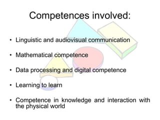 Competences involved:
• Linguistic and audiovisual communication
• Mathematical competence
• Data processing and digital competence
• Learning to learn
• Competence in knowledge and interaction with
the physical world
 