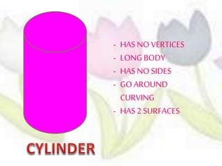 - HAS NO VERTICES
- LONG BODY
- HAS NO SIDES
- GO AROUND
CURVING
- HAS 2 SURFACES
 